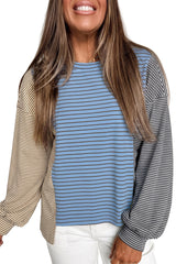 Sky Blue Stripe Color Block Contrast Long Sleeve Round Neck Casual Shift Pullover