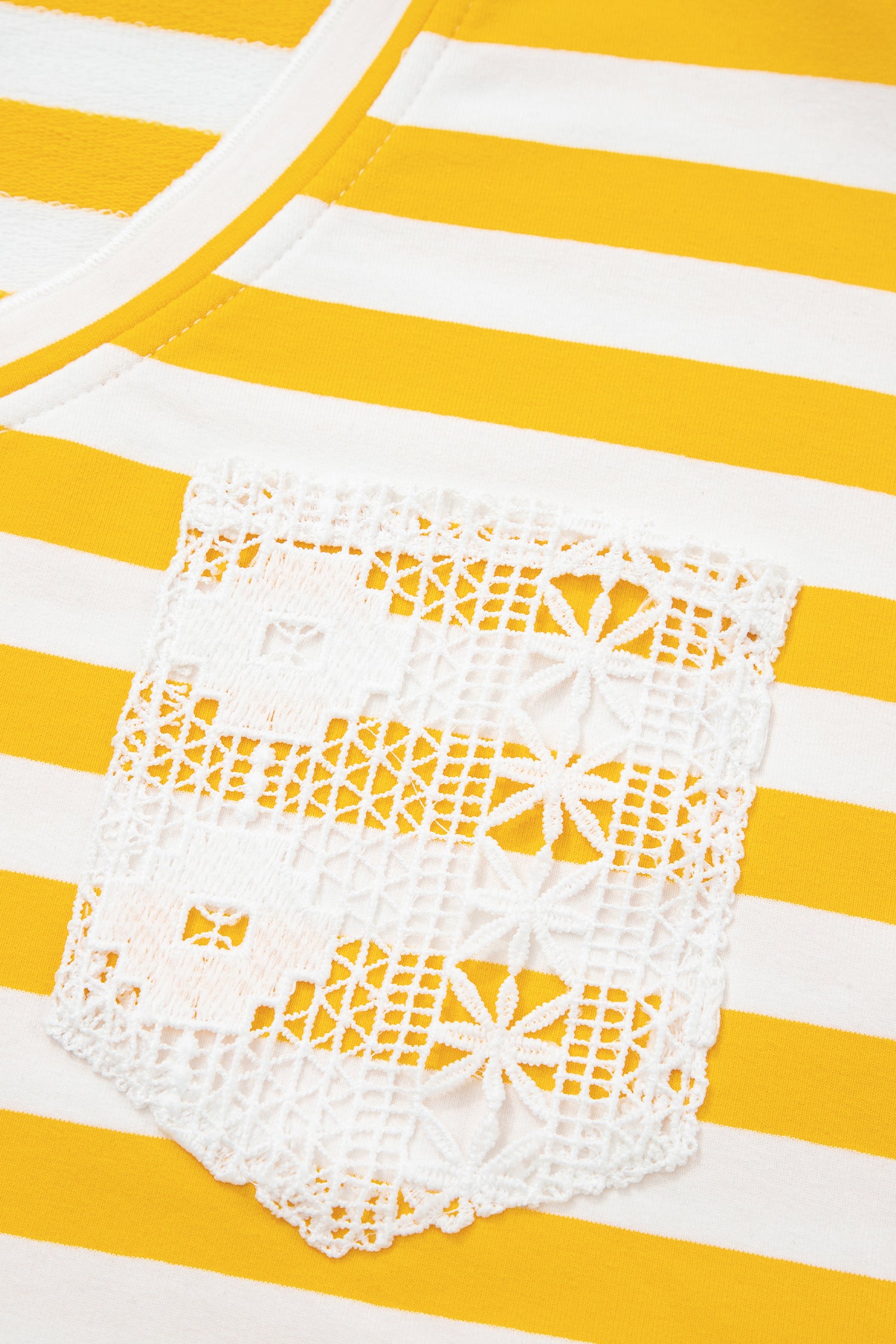 Yellow Stripe Striped Lace Patchwork V Neck Long Sleeve Top