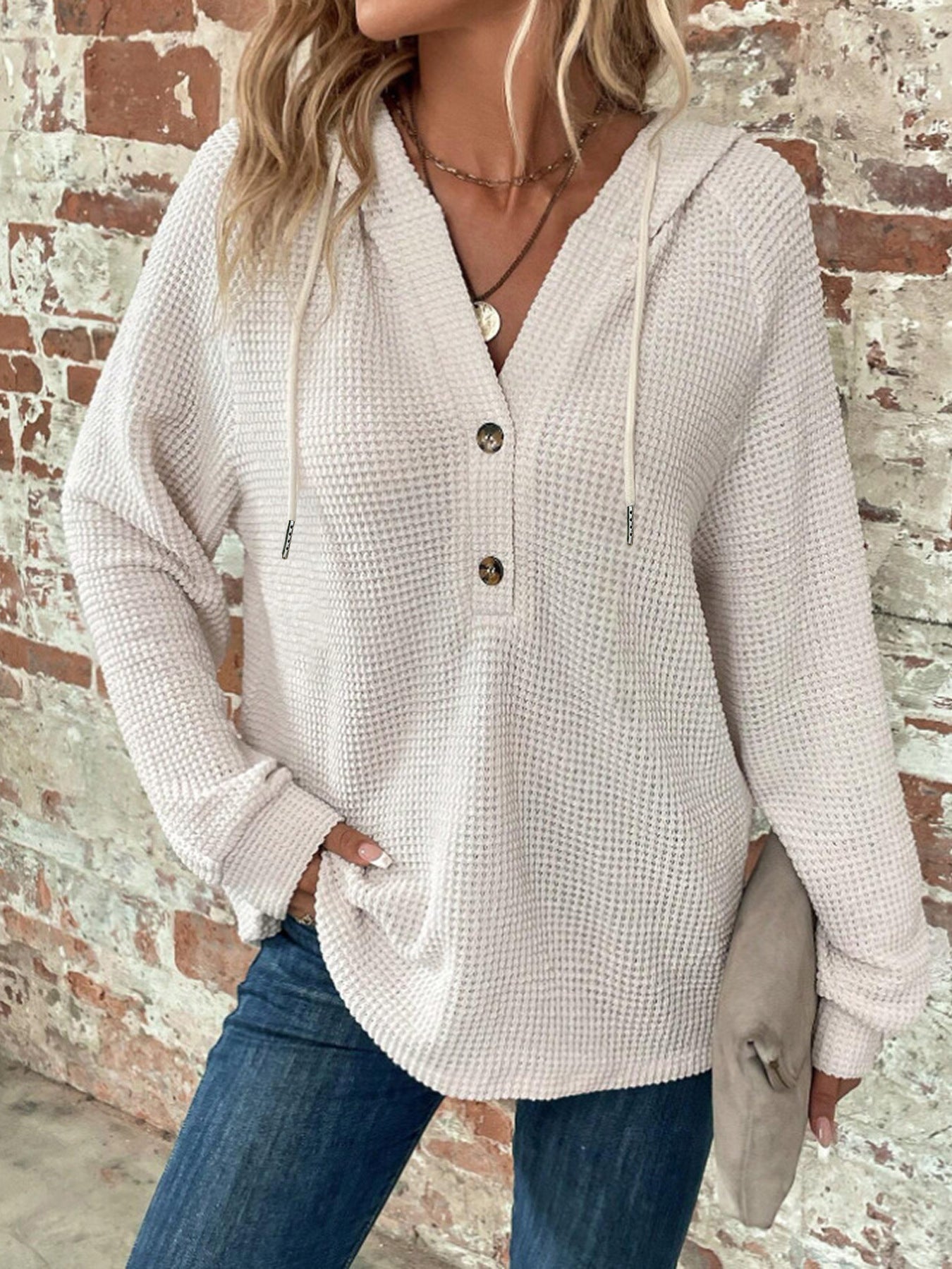 Solid Color Hooded Button Loose Long Sleeve Sweatershirt