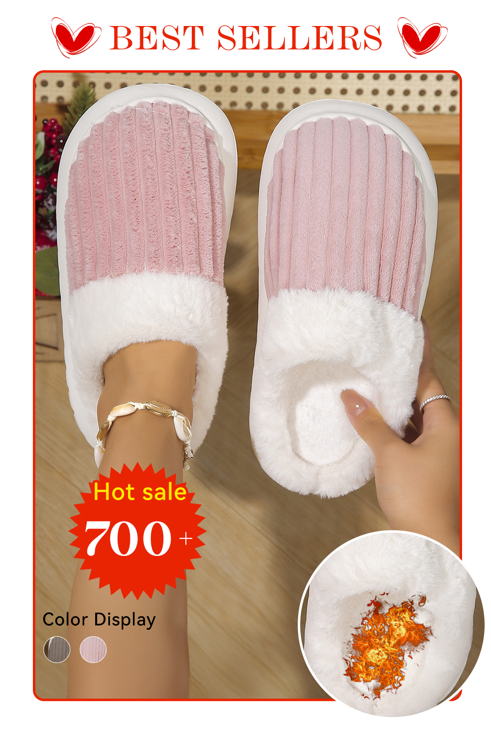 Dark Grey Ribbed Plush Color Block Winter Slippers