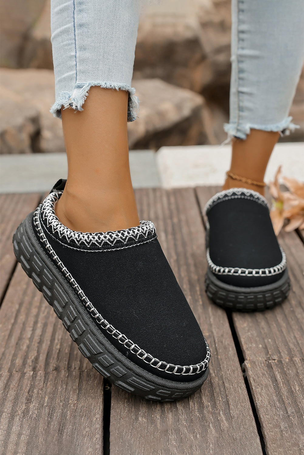 Coffee Faux Suede Woven Trim Plush Lining Platform Slippers