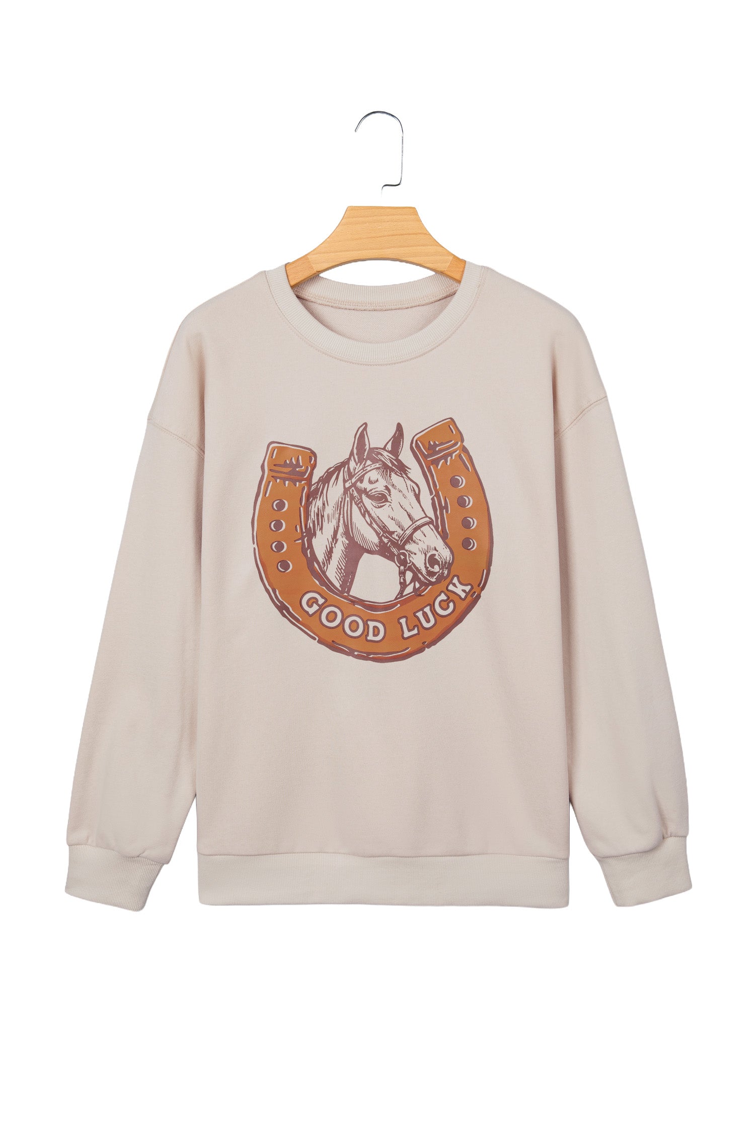 Beige GOOD LUCK Western Horse Print Oversized Pullover Sweatshirt