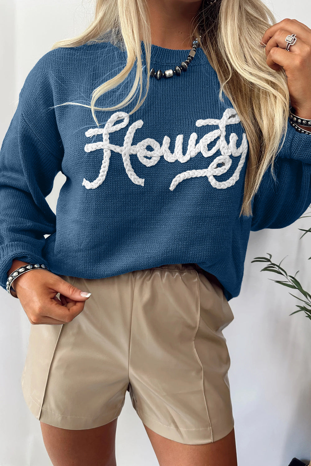 Dusk Blue Howdy Embroidered Graphic Sweater