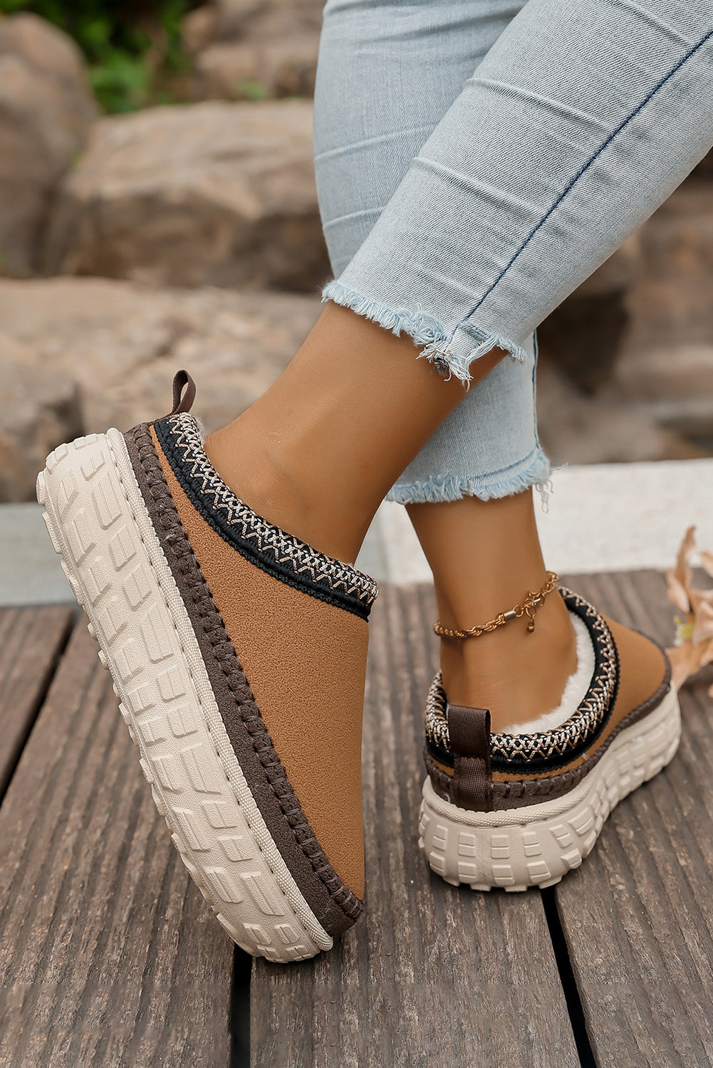 Coffee Faux Suede Woven Trim Plush Lining Platform Slippers