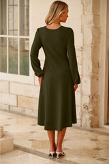 Jungle Green Solid Color Ruched Detail Long Sleeve Midi Dress