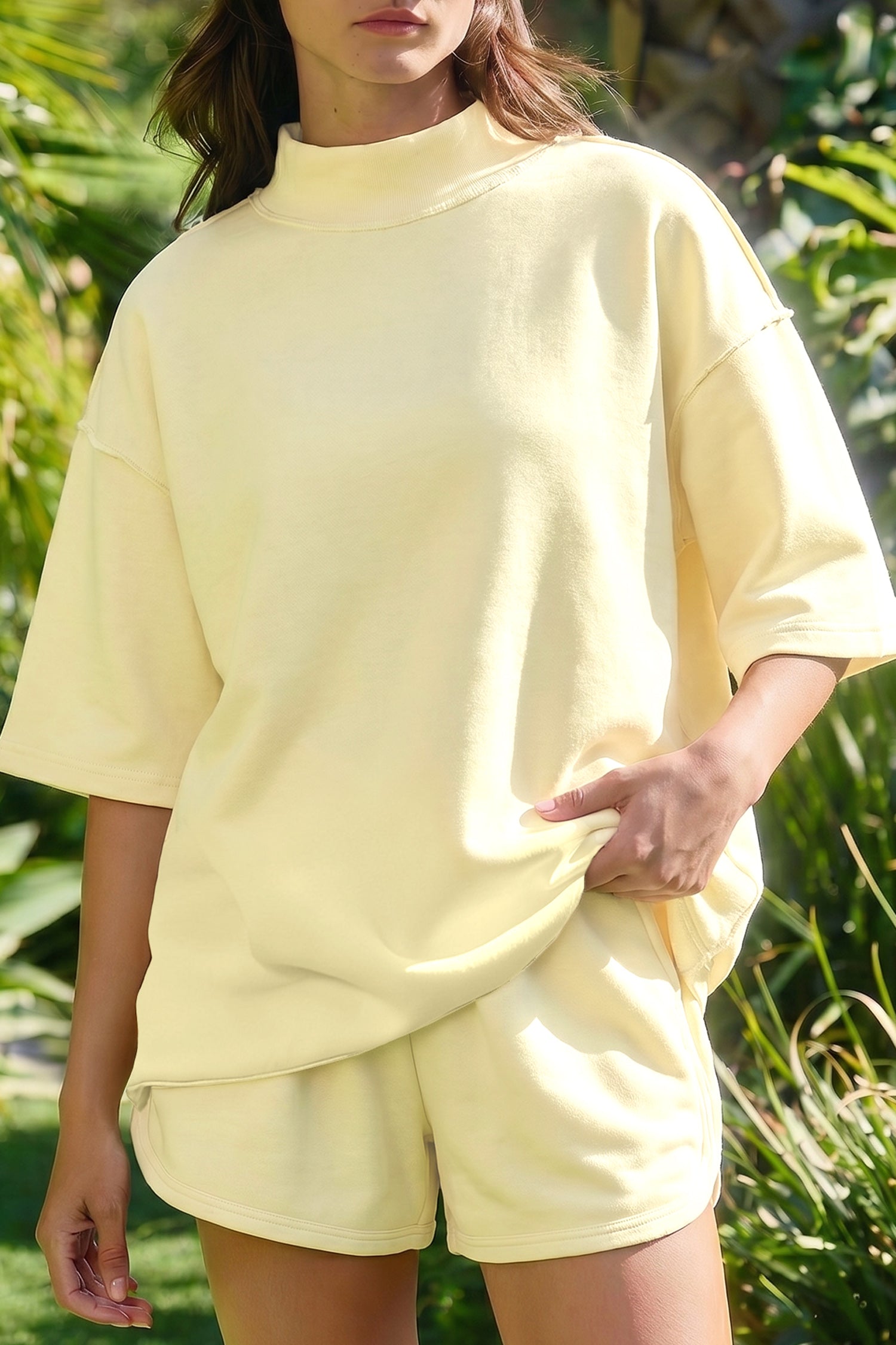 Mist Blue Solid Color Exposed Seam Mock Neck Oversize Tee Casual Shorts 2pcs Outfit