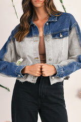 Dusk Blue Patchwork Flap Detail Distress Denim Jacket