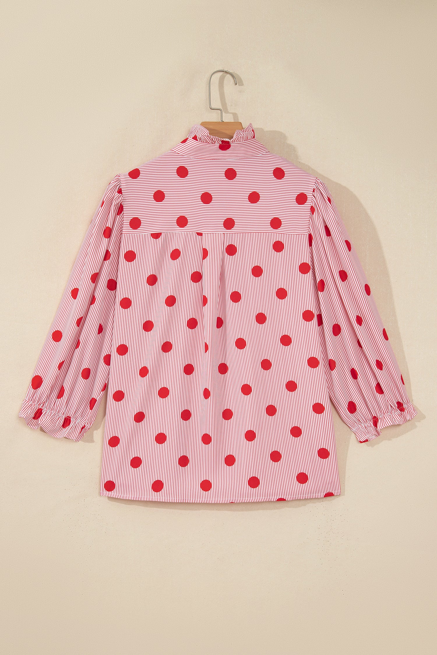 Black white Polka Dot Striped Print Ruffle Stand Neck 3/4 Sleeve Shift Shirt