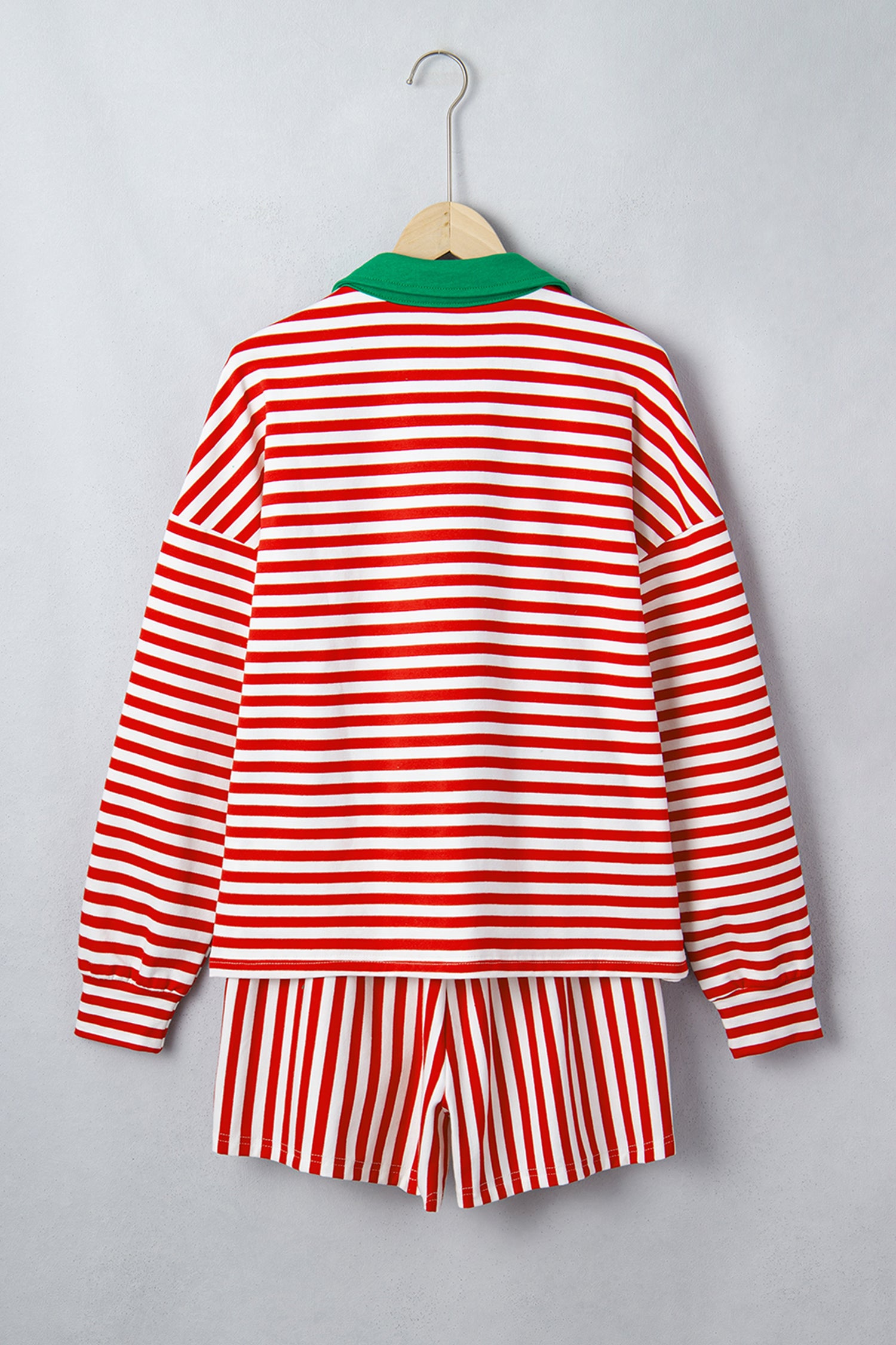 Red Stripe Colorblock Trim Polo Collar Drawstring Elastic Waist Band Casual 2pcs Outfit
