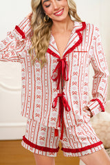Red Sweet Floral Heart Bow Print Contrast Trim Long Sleeve Shirt Pajama Short Set