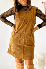 Beige Corduroy Exposed Seam Sleeveless Mini Dress