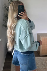 Iceland Blue Contrast Edge Patchwork Cropped Sweatshirt