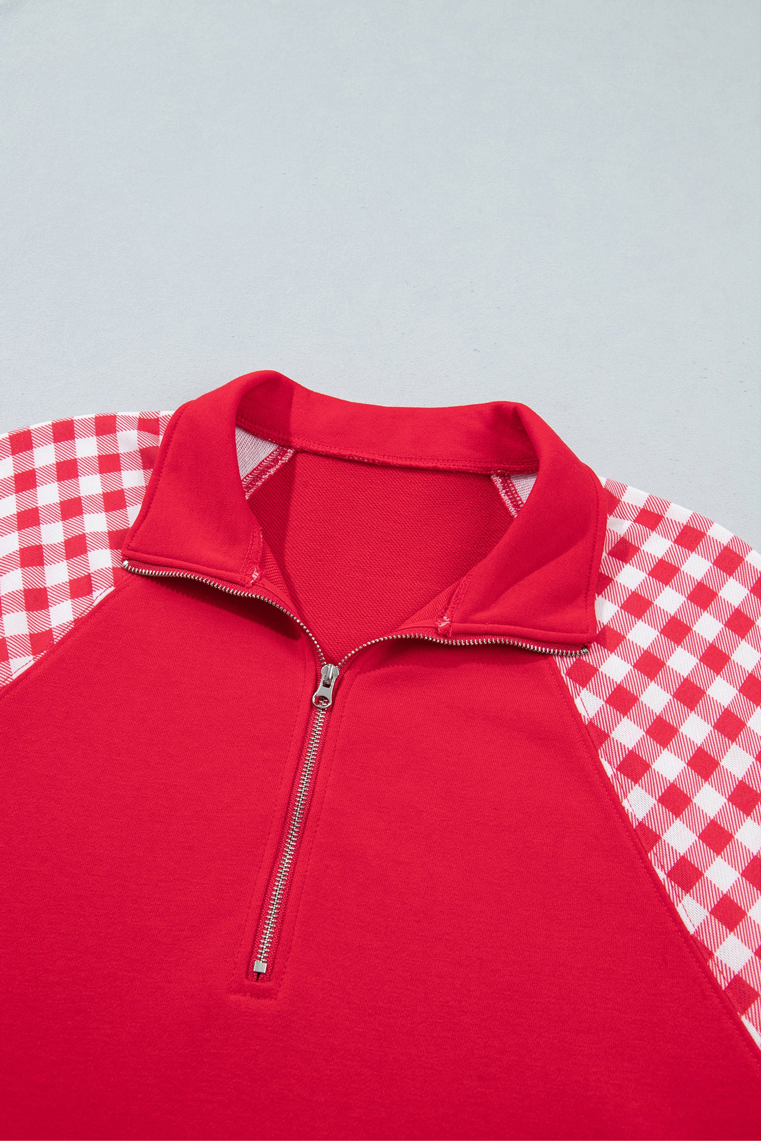 Navy Blue Patchwork Plaid Pocket Quarter Zip Sweatshirt