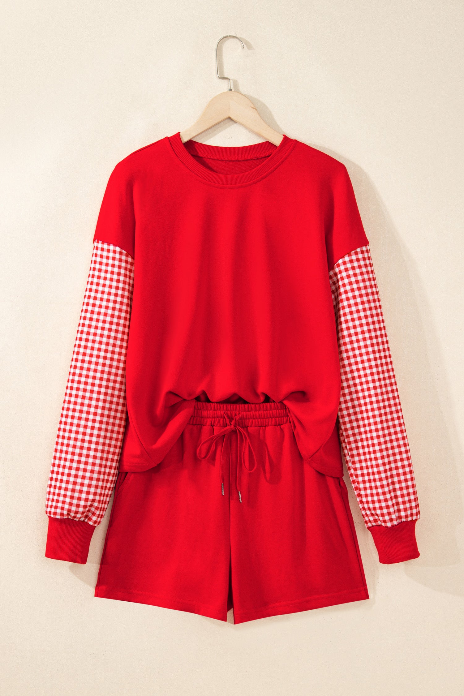 Red Plaid Patchwork Long Sleeve Top Solid Drawstring Shorts Set