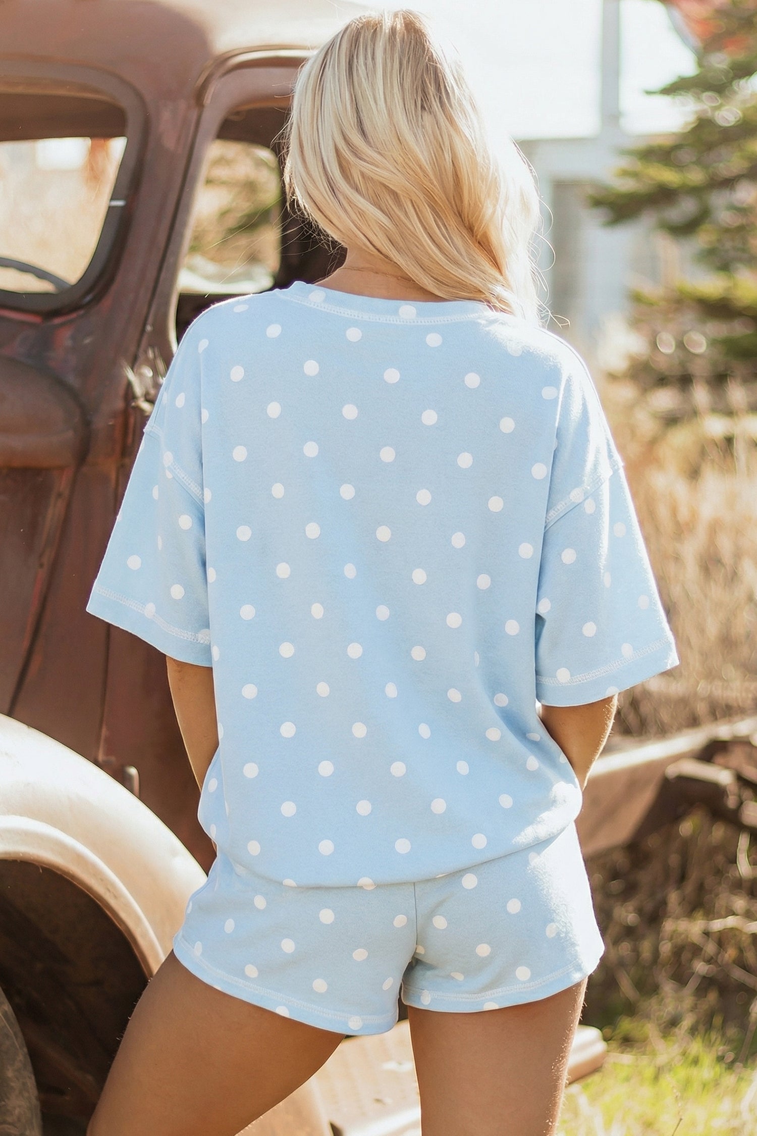 Pink Polka Dot Short Sleeve Loose Top Drawstring Shorts Set