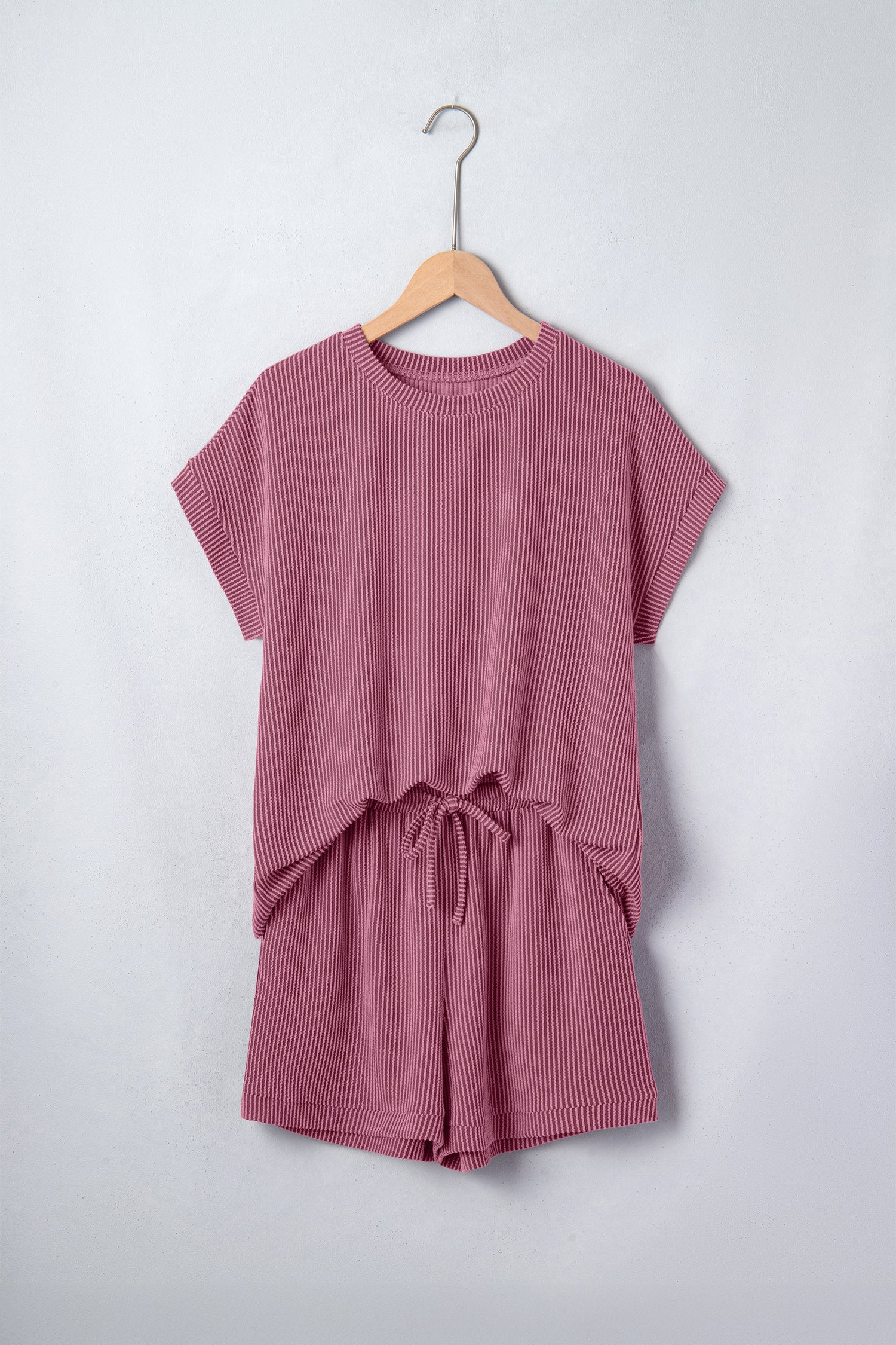 Pitaya Pink Twisted Ribbed Loose Tee Drawstring Elastic Waist 2pcs Short Set