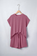 Pitaya Pink Twisted Ribbed Loose Tee Drawstring Elastic Waist 2pcs Short Set