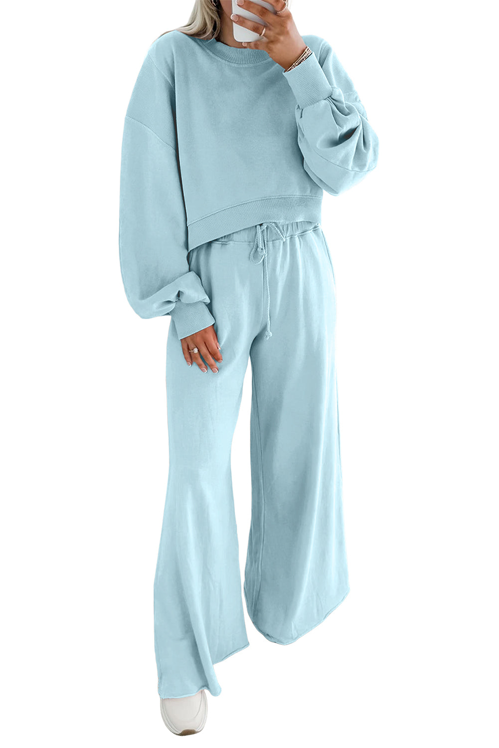Mist Blue Drop Shoulder Crop Pullover Drawstring Wide Leg Pants Set