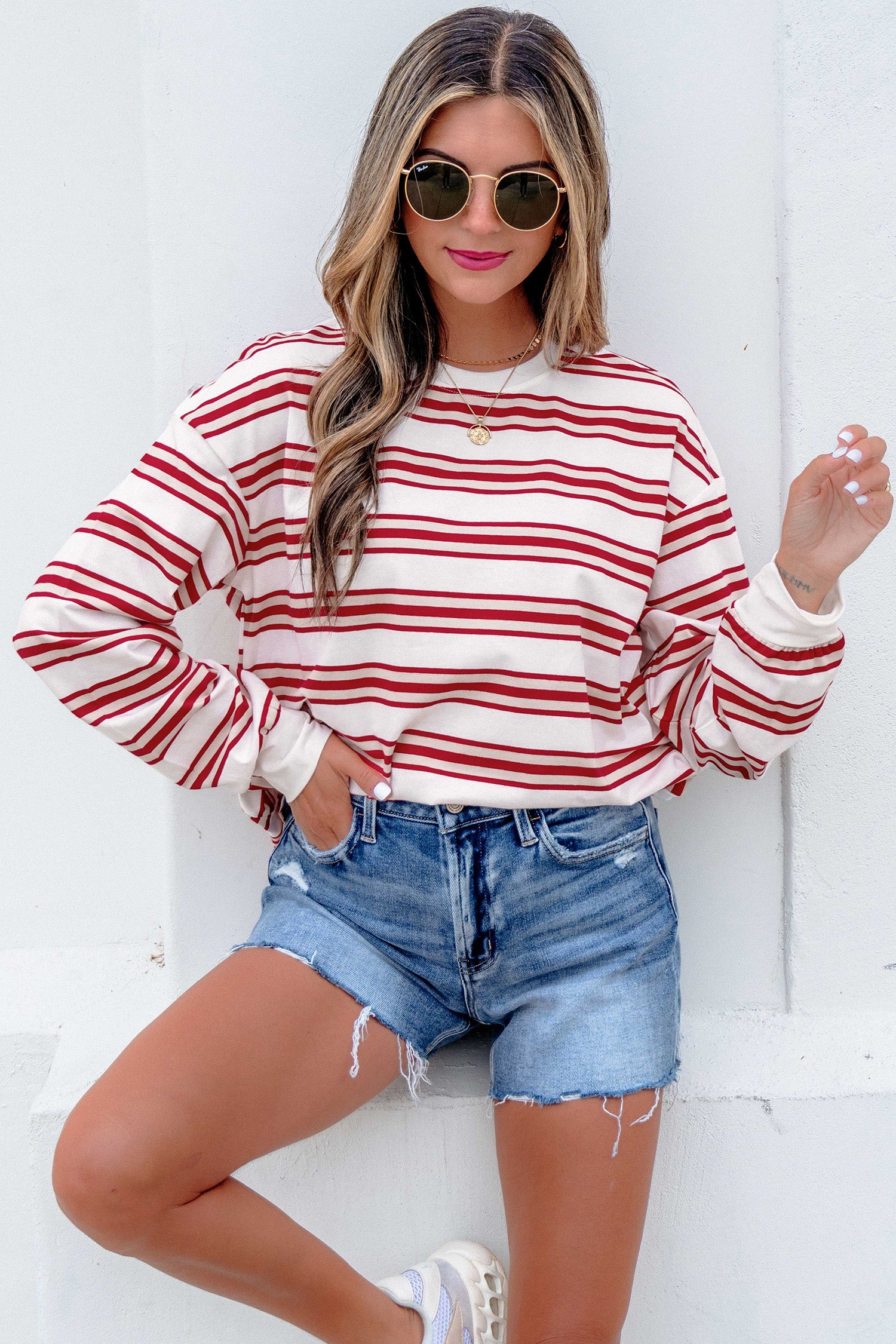 Red Stripe Dropped Shoulder Long Sleeve Casual Pullover Top