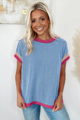 Sky Blue Textured Colorblock Round Neck T Shirt
