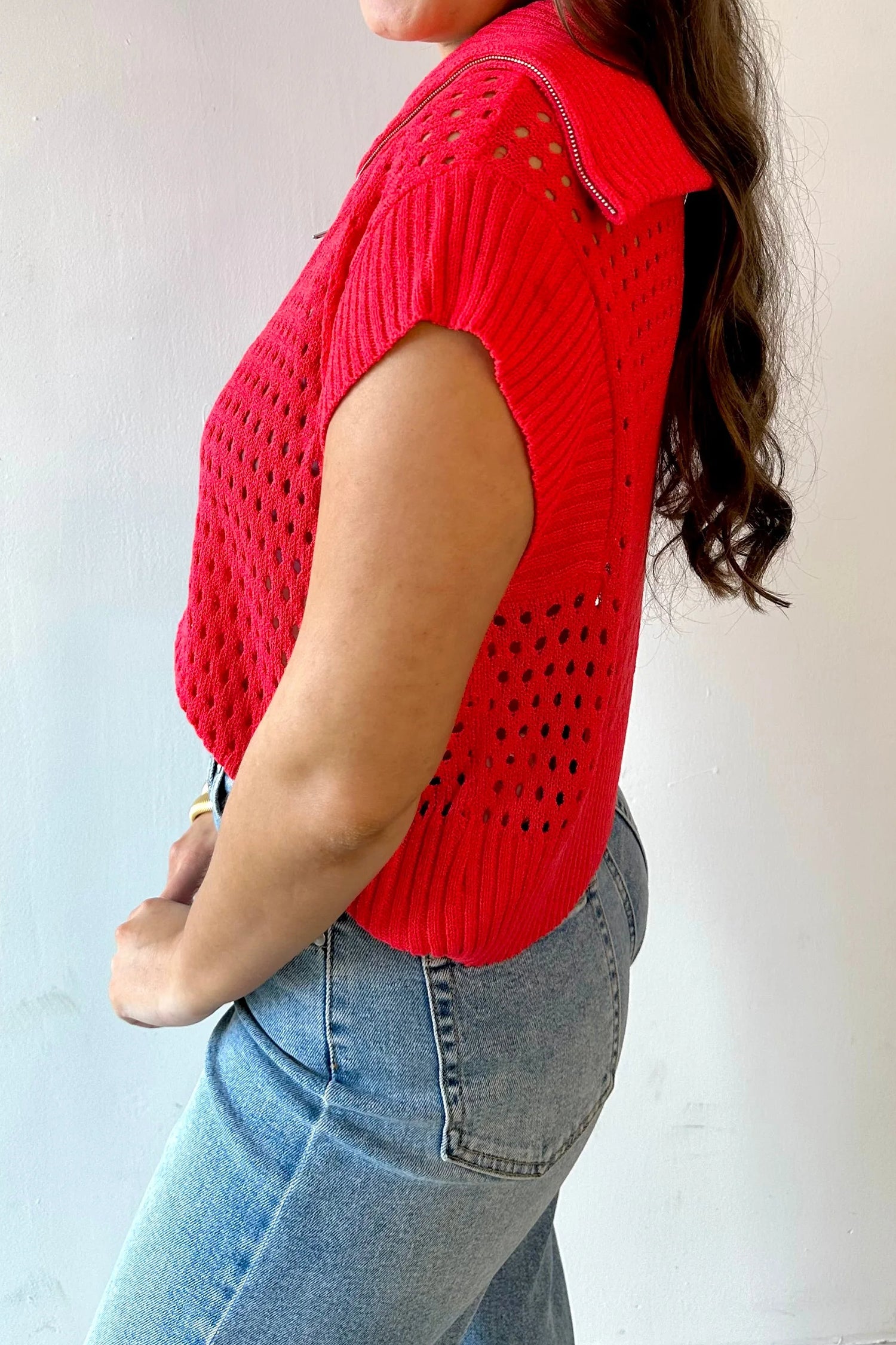 Yellow Solid Color Hollowed Knit Short Sleeve Zipper Collar Knitwear Top