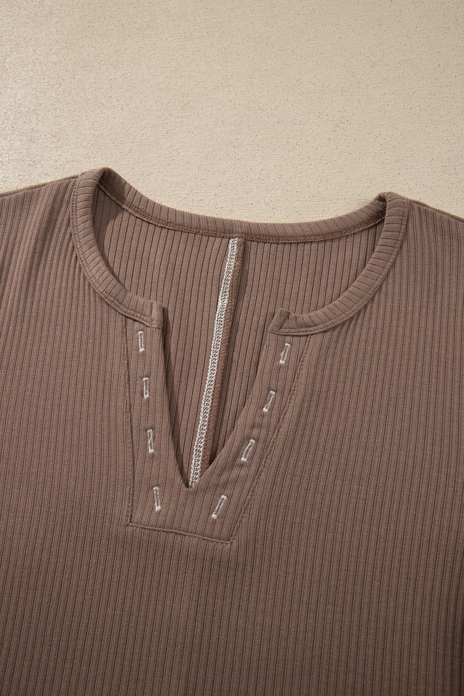 Dark Khaki V Neck Ribbed Stitched Detail Long Sleeve Top
