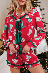 Red Christmas Fashion Print Contrast Ruffle Trim Ribbon Bow Knot 2pcs Pajama Set