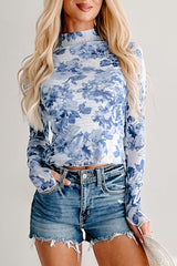 Sky Blue Floral Print Long Sleeve Stand Neck Mesh Top