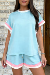 Bonbon Striped Trim Casual Tee Drawstring Shorts 2pcs Set