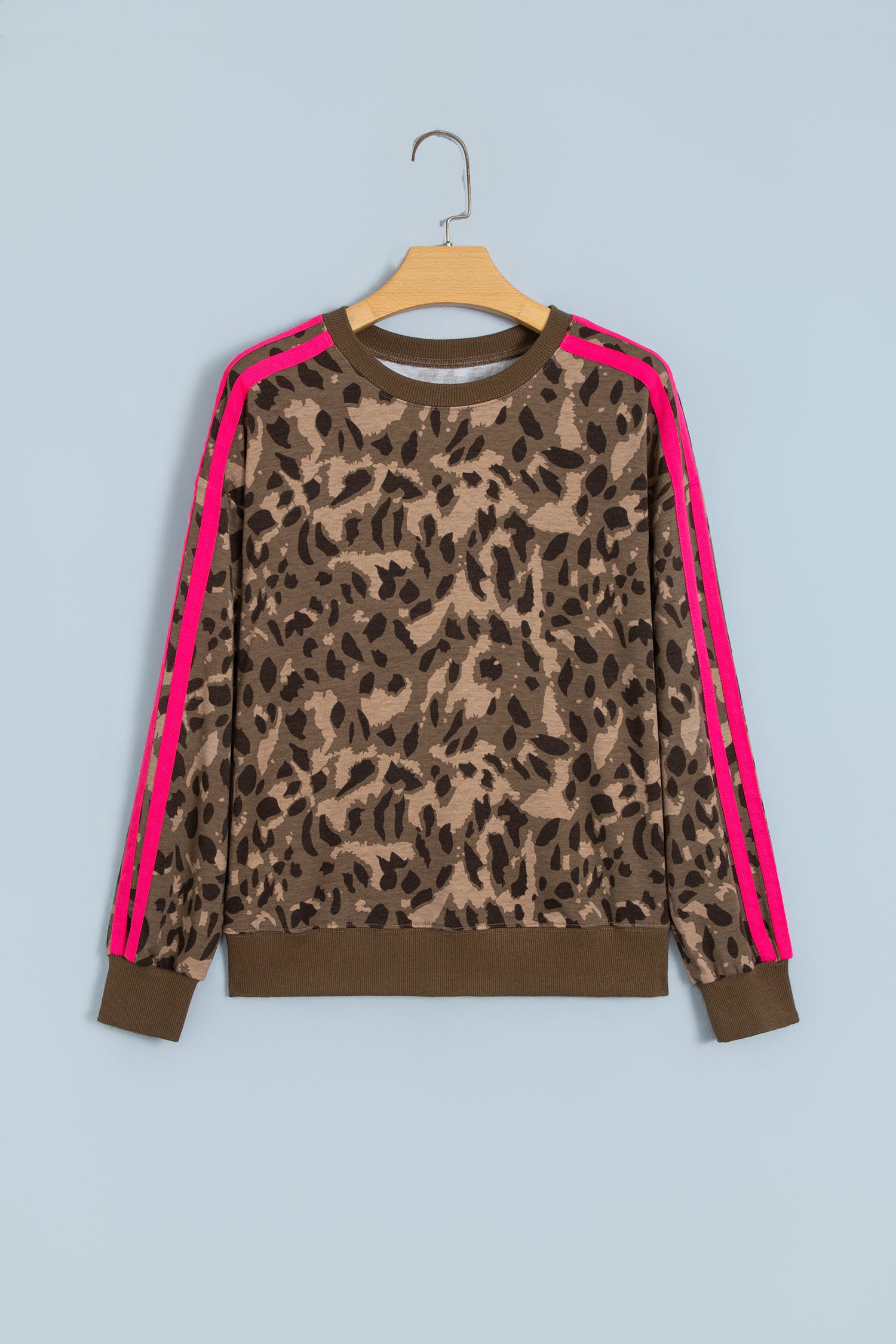 Brown Leopard Print Striped Detail Relaxed Pullover Sweatshirt