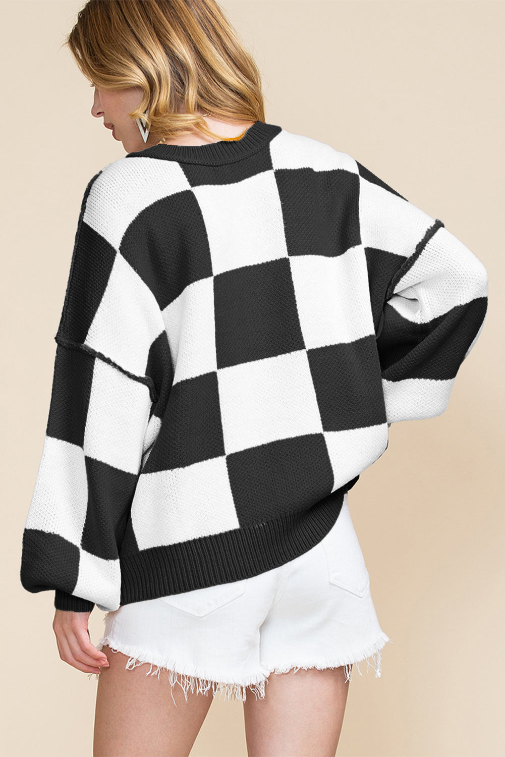 Khaki Checkered Bishop Sleeve Sweater