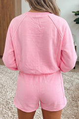 Pink Piping Trim Long Sporty Pullover Drawstring Elastic Waist Shorts Set
