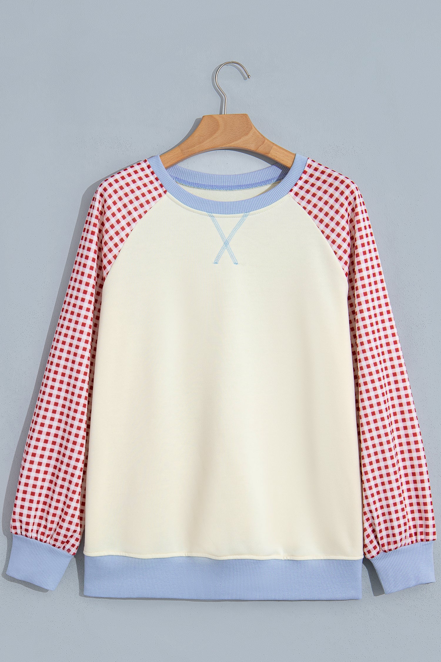 Light Blue Plaid Sleeve Colorblock Raglan Pullover Sweatshirt