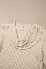 Apricot Solid Color Ribbed Knit Cowl Neck Long Sleeve Top