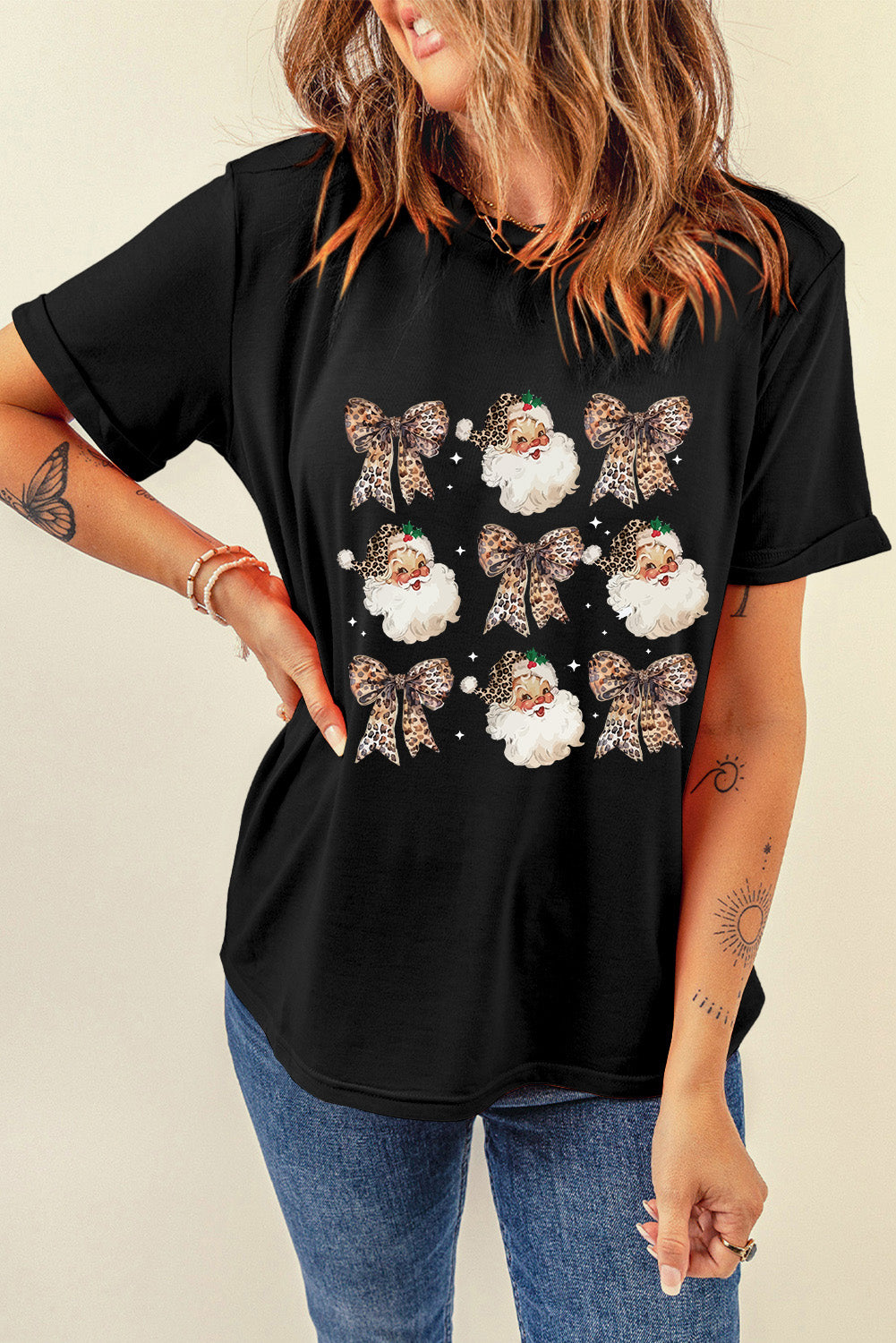 Black Santa Claus Leopard Bow Heat Transfer Printing Crew Neck Casual T Shirt