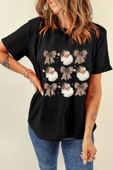 Black Santa Claus Leopard Bow Heat Transfer Printing Crew Neck Casual T Shirt