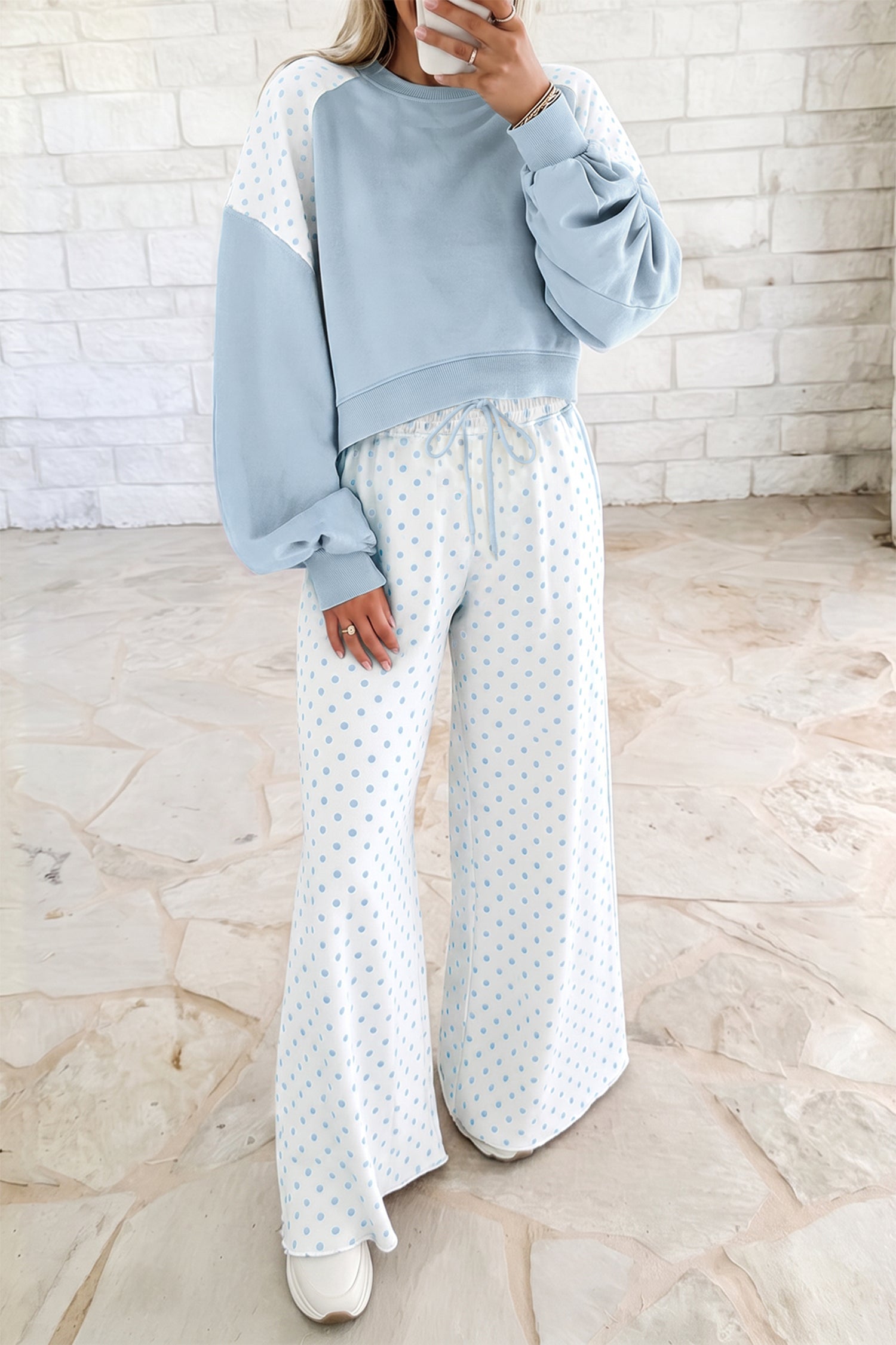 Khaki Polka Dot Patchwork Colorblock Long Sleeve Casual Two Piece Pants Set