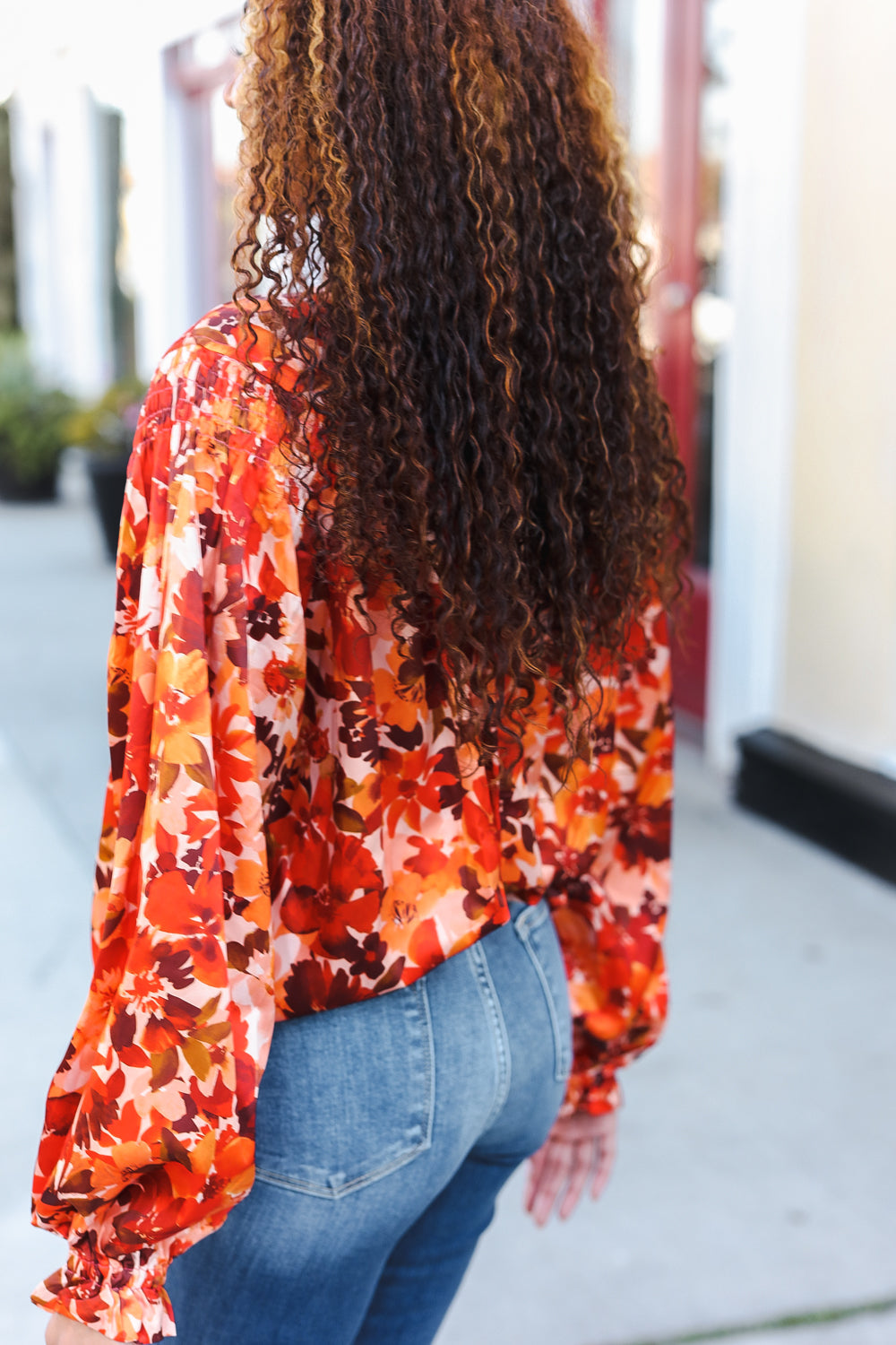 Fall Vibes Rust Floral Print Notched Neck Smocked Satin Top