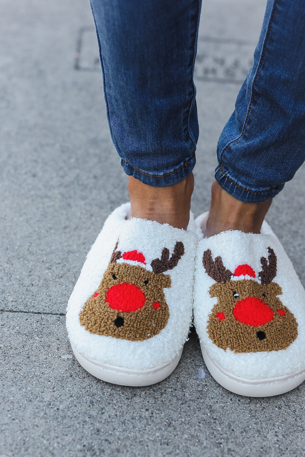 Holiday Red Nose Reindeer Print Fleece Slippers