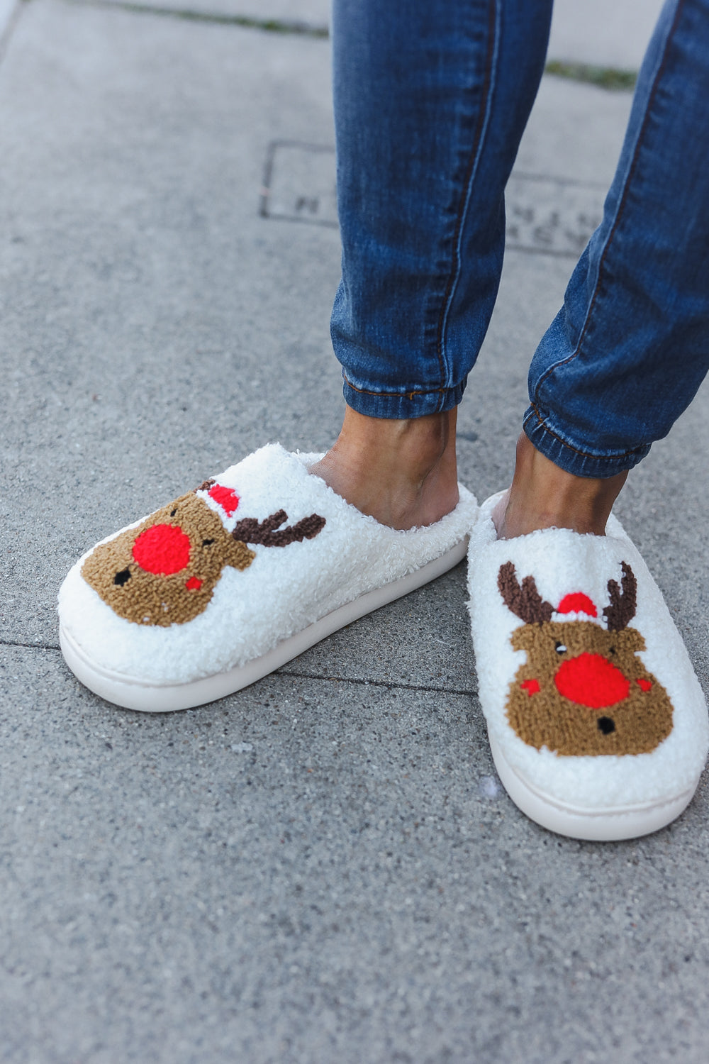 Holiday Red Nose Reindeer Print Fleece Slippers