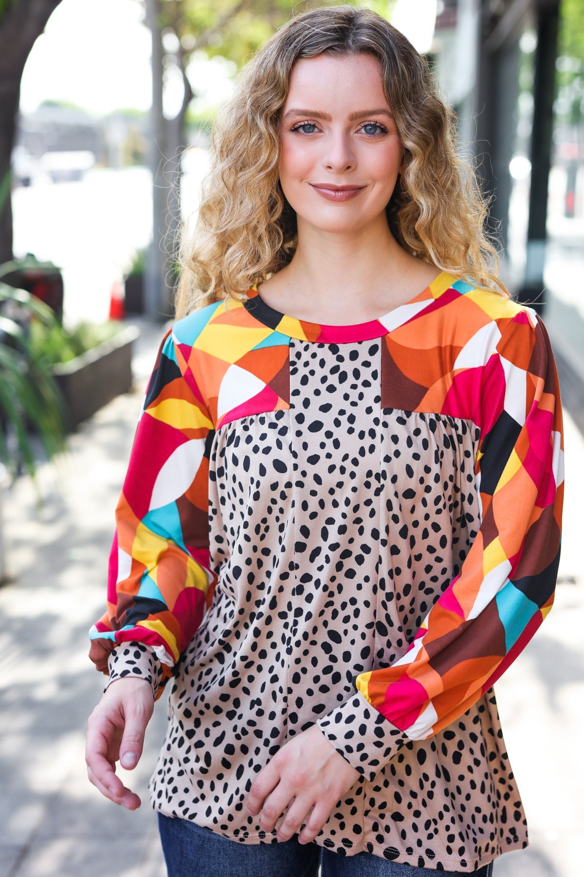 Rust & Khaki Geometric Animal Print Color Block Bubble Sleeve Top