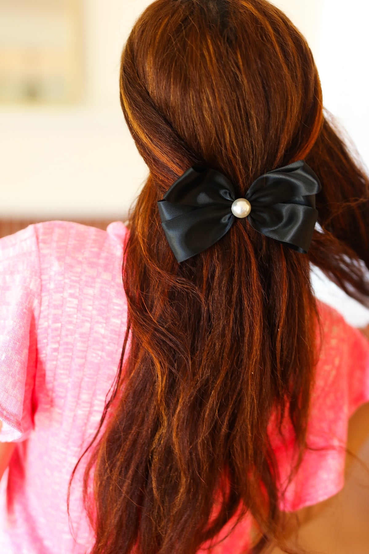 Black Satin Pearl Detail Coquette Bow