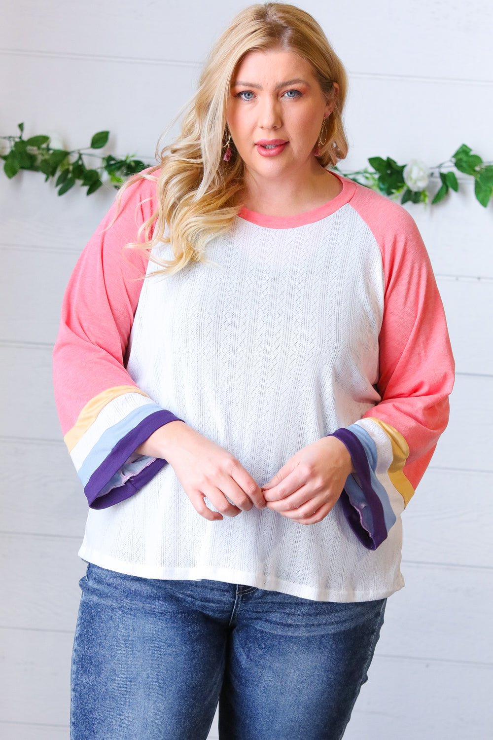 Pink Pointelle Color Block Wide Sleeve Pullover