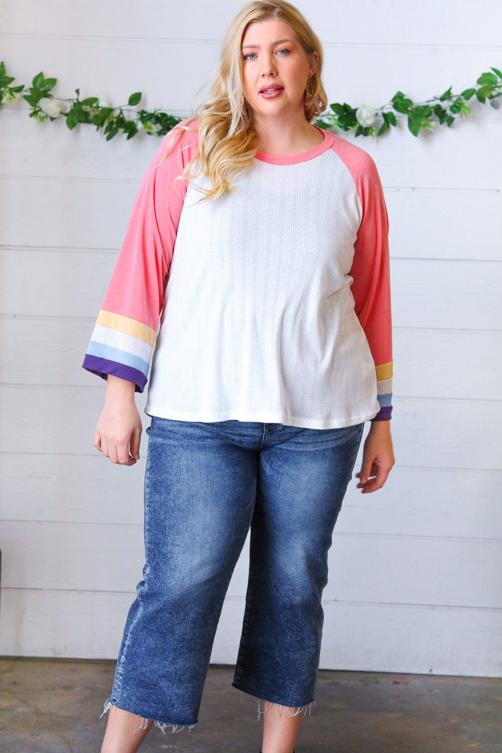 Pink Pointelle Color Block Wide Sleeve Pullover