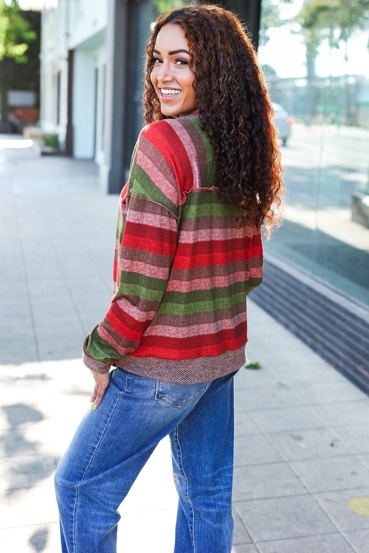 Perfectly You Olive & Mauve Stripe Two-Tone Banded Sweater Top