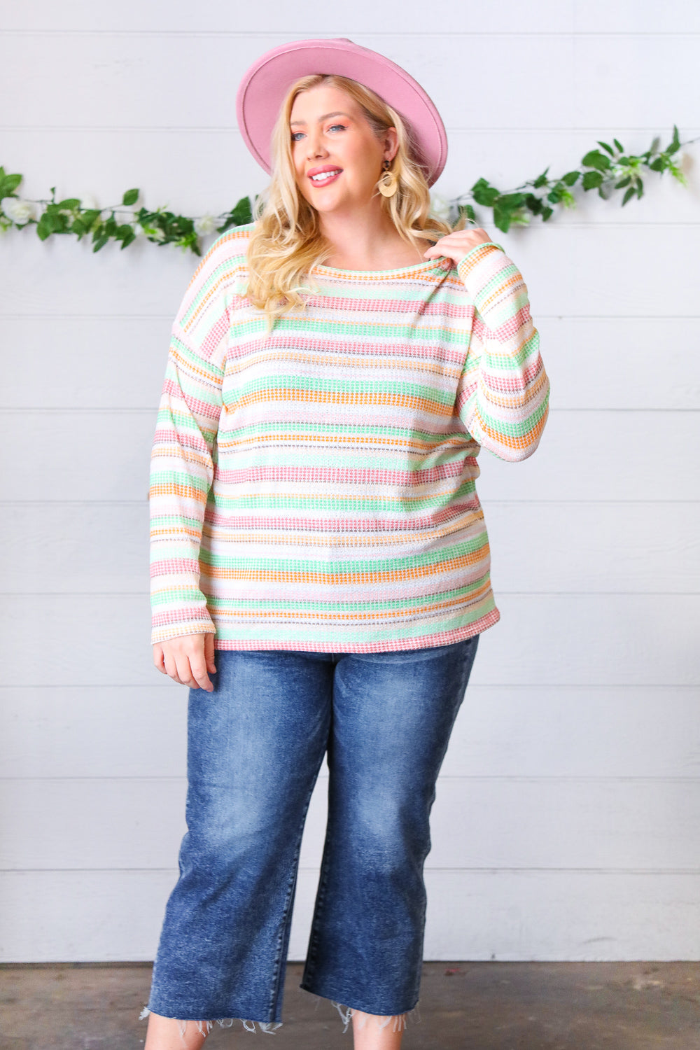 Green Apple & Tangerine Textured Vintage Stripe Top