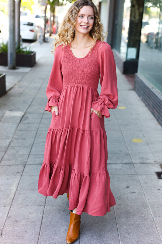 Beautiful You Lock Eyes Marsala Smocked Ruffle Sleeve Maxi Dress