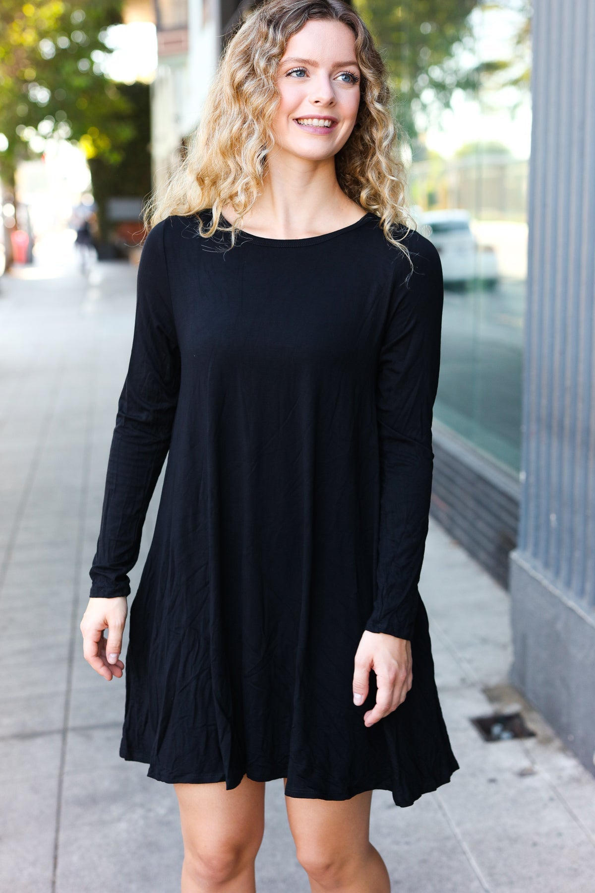 Classic Elegance Black Long Sleeve Shift Knit Dress