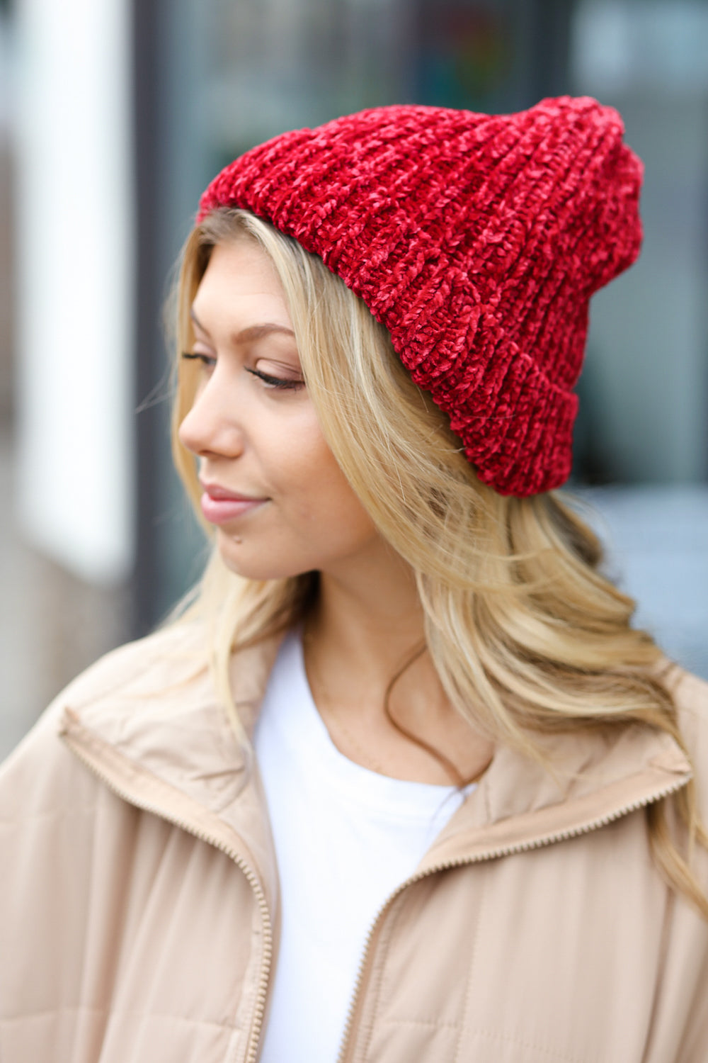 Cranberry Knit Velvet Chenille Fold Over Beanie