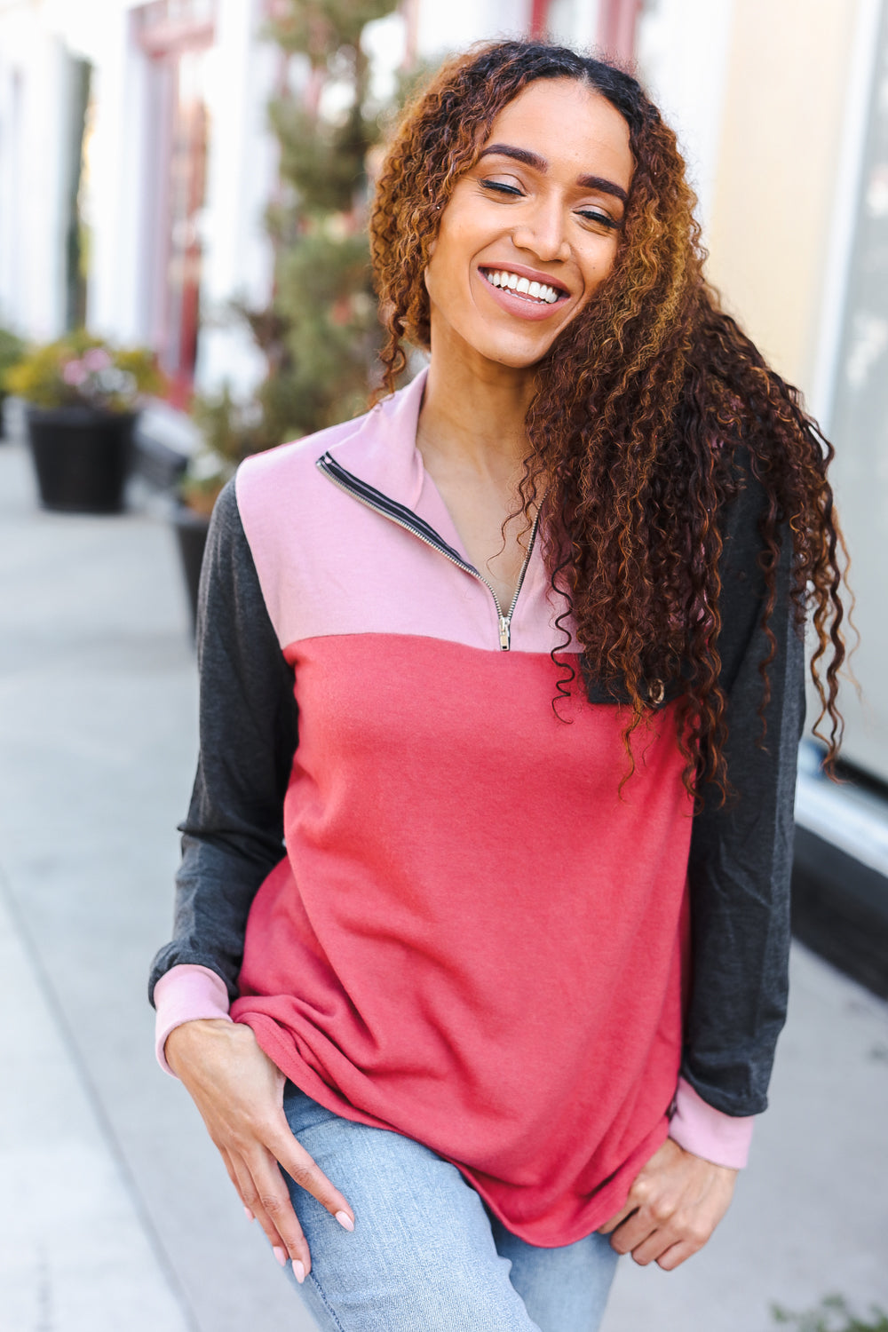 Be Bold Coral & Charcoal Color Block Zip Down Pullover